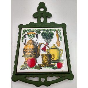 Vintage Cast Iron & Ceramic Trivet With Teapot Design - Green Frame & Multicolor